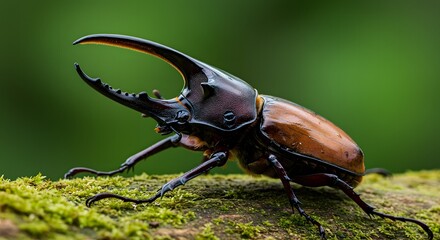 A close up of a rhinoceros beetle on mossy wood with a blurred green background in a macro shot