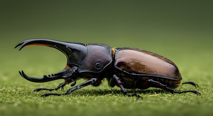 A close up of a rhinoceros beetle on green grass showing its horns and exoskeleton in detail outdoors