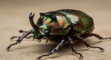 Close up of a iridescent green beetle with a horn on a light brown wooden surface in macro view
