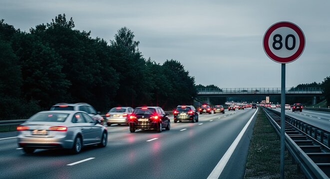 Cars on Highway at Dusk with 80 km/h Speed Limit Sign