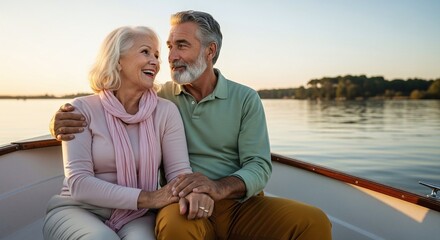 Senior Couple in Rowboat at Sunset with Calm Water