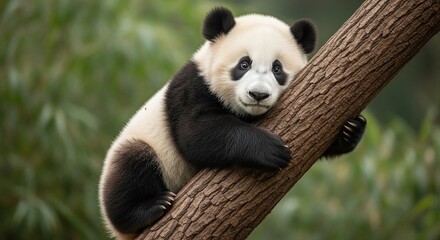 Panda Cub on Tree Branch in Lush Forest