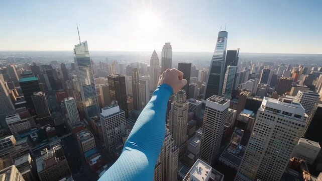 Dynamic first person view of superhero flying with outstretched fist over urban city skyline with towering buildings passing by below