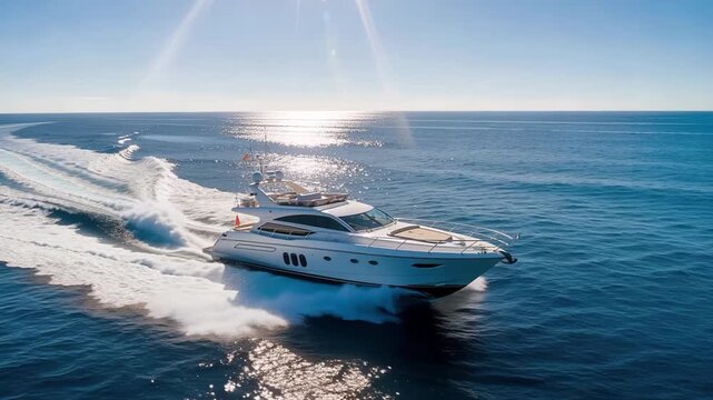 Luxurious white yacht cruising across sparkling blue ocean water leaving white wake trail captured in smooth aerial drone cinematography