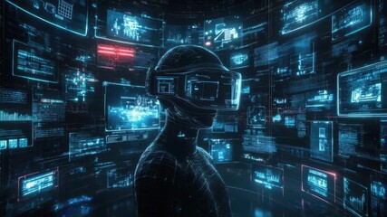 Futuristic person with vr headset in digital space immersed in cyber monday shopping concept - Powered by Adobe