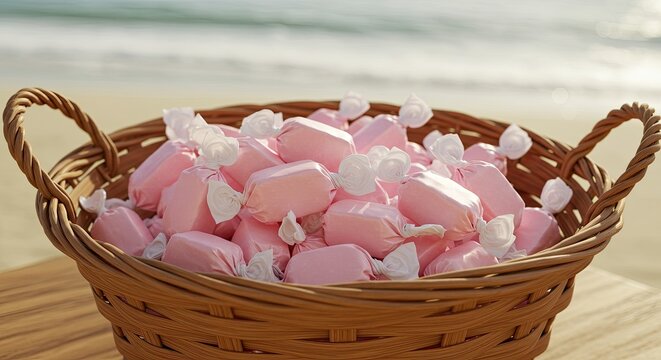 Basket of Pink Saltwater Taffy Candies on Beach Sweet Treat.