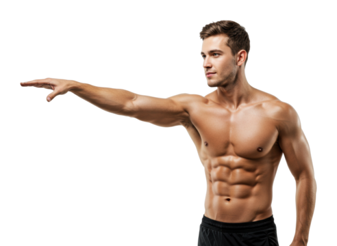 Fitness model posing with outstretched arm studio setting dynamic pose isolated on transparent background