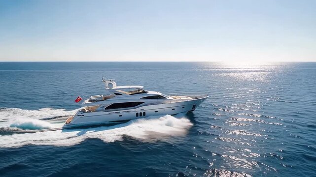 Elegant white luxury yacht sailing smoothly across crystal blue ocean waters creating foamy wake trail in stunning aerial cinematography