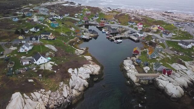 Aerial view of peggys cove, a small fishing village in nova scotia, canada