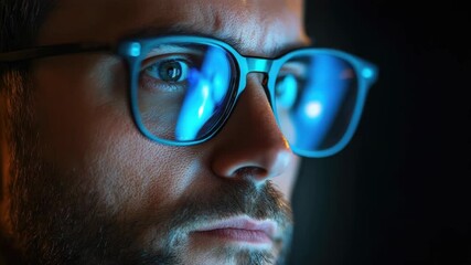 Focused man with blue reflective glasses shopping online, browsing cyber deals on laptop, concept of cyber monday shopping - Powered by Adobe