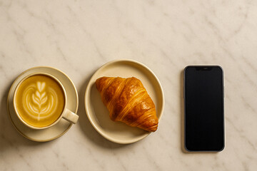 Morning Coffee and Croissant with Smartphone on Marble Table