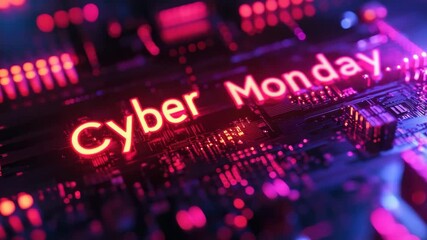 Neon cyber monday sign glowing on a circuit board with futuristic lights, highlighting the digital shopping theme