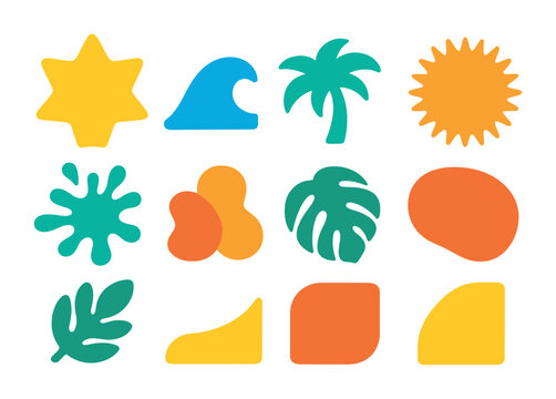 Colorful Summer Shapes. Flat icon set of colorful summer shapes: star badge, wave sticker, palm shape tag,