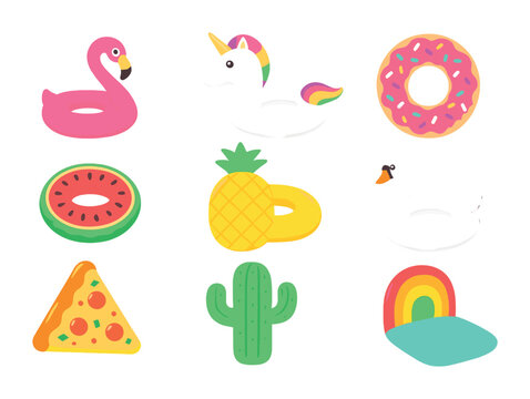 Inflatable Pool Floats. Flat icon set of inflatable pool floats: flamingo float, unicorn float, donut ring,