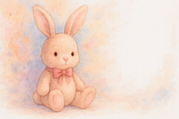 Obraz premium Easter bunny plush toy in a cute and playful mood, watercolor illustration for Easter with copy space