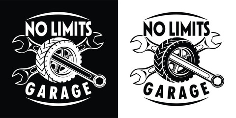 Obraz premium No limits garage logo with wrench and tire, automotive service and repair concept, isolated on white background