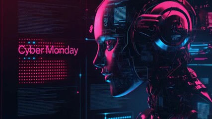 Futuristic cybernetic human profile with digital interface and text "cyber monday" in neon blue and pink for online shopping concept - Powered by Adobe
