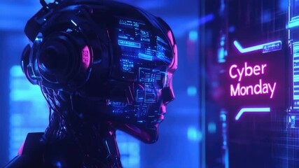 Futuristic ai robot with digital interface and neon lights displays cyber monday concept - Powered by Adobe