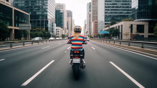 Blonde motorcycle rider drives steadily through city traffic as camera approaches for intimate closeup on urban street