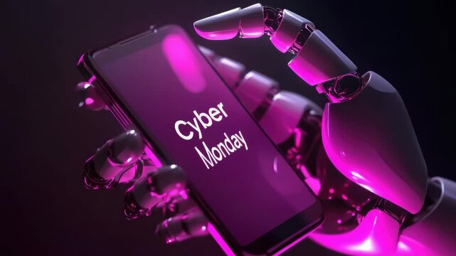 Futuristic robotic hand holding smartphone with cyber monday text, neon purple glow, online shopping concept
