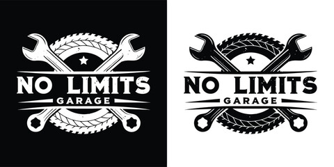 No limits garage with crossed wrenches and gear, automotive repair service, custom car build, retro mechanic style emblem