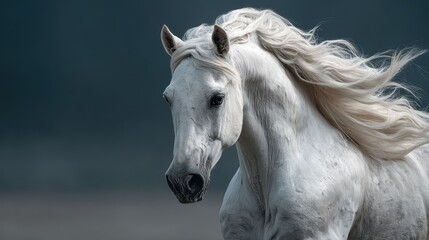 Majestic white horse running with flowing mane against a dramatic dark background during twilight hours