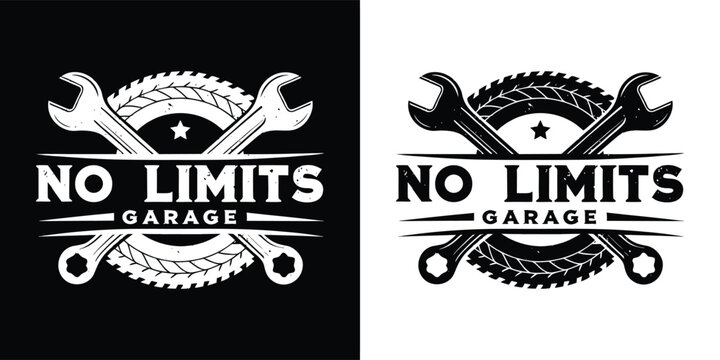 No limits garage with crossed wrenches and gear, automotive repair service, custom car build, retro mechanic style emblem