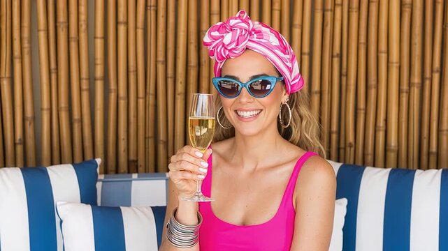 Beautiful woman raising champagne glass in elegant celebration toast with genuine smile and positive energy