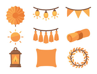 Sunset Decoration Icons. Flat icon set of sunset-themed decorations: sunburst paper fan, golden light string,