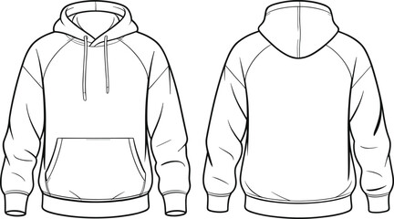 hoodie front and back view, cad drawing flat vector illustration, hood with drawstrings, kangaroo pocket, long sleeves, garment construction, fashion design template