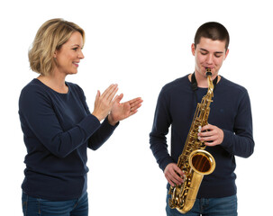 Fototapeta premium Saxophone performance by a young musician studio setting emotional connection applauding audience isolated on transparent background