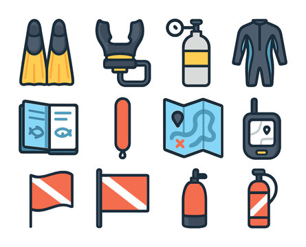 Diver Essentials Icons. Flat icon set of diver essentials: dive fins, regulator mouthpiece, air pressure tank,