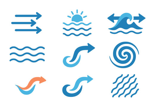 Ocean Currents Icons. Flat icon set of ocean currents and flow: current arrows, tide icon, rip current symbol,