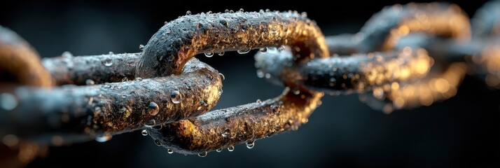 Rusty metal chain link glistening with water droplets in soft light
