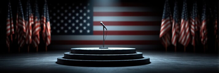 Podium for a speech in front of a large American flag and multiple smaller flags in a dark venue
