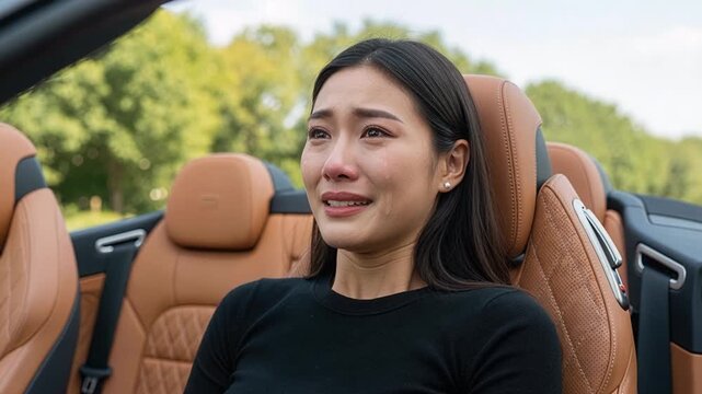 Asian woman crying in convertible car showing emotional distress and vulnerability in intimate automotive setting during personal crisis
