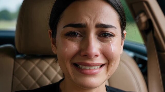 Distressed Asian woman in convertible covering face with hands while crying showing overwhelming emotion and need for privacy