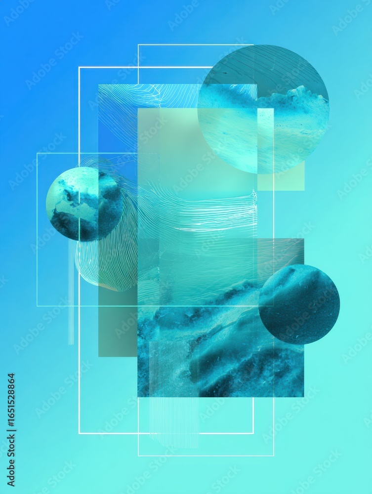 Poster abstract design featuring blue and teal shapes with textured elements on a light blue background
