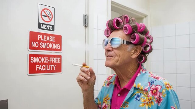 Rebellious senior man with pink curlers defiantly smoking while pointing at no smoking sign with humorous attitude