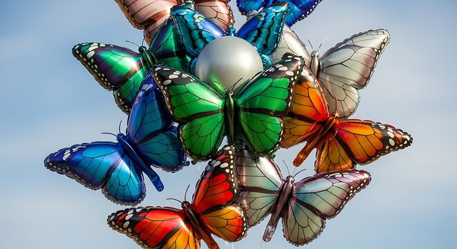 A vibrant bouquet of colorful metallic butterfly balloons clustered around a silver sphere against a clear blue sky.