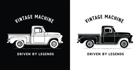 Obraz premium Black and white illustration of a vintage pickup truck, representing a vintage machine driven by legends