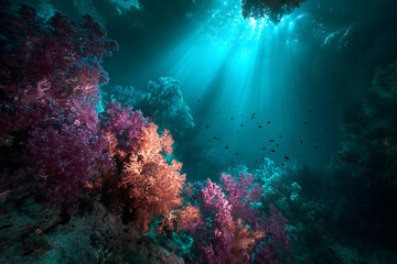 Fototapeta premium Underwater coral reef scene with sunlight and fish, ocean life and marine ecosystem photography is amazing