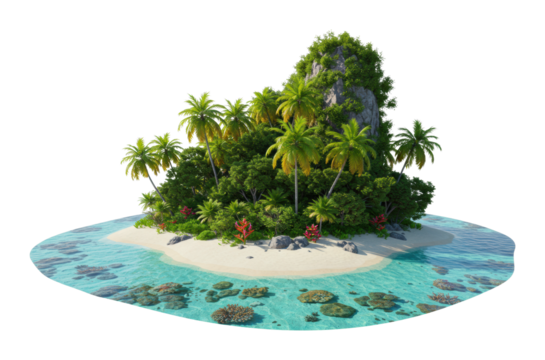Tropical island adventure remote paradise 3d visualization coastal landscape aerial serenity and escape isolated on transparent background