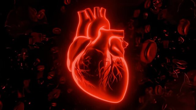 Glowing red heart with blood cells on a transparent background, medical animation