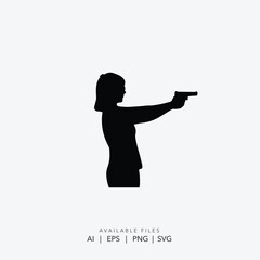 Silhouette of woman aiming pistol for sport shooting competition, Female silhouette holding handgun in a pose for self defense concept, Vector illustration of a woman with a gun for action or thriller