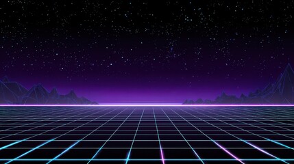 A purple grid background with stars in the sky, a retro neon light effect on a black space