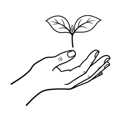 Vector art of hand holding a young plant sprout, symbolizing growth, new life, and nurturing isolated on white background