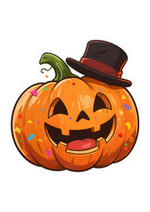 A cheerful and festive pumpkin character wearing a tiny top hat. This fun sticker is ideal for Halloween, autumn, and party-themed projects.