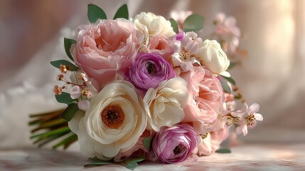 Obraz premium Beautiful floral bouquet featuring peonies, ranunculus, and delicate blooms arranged elegantly near soft light