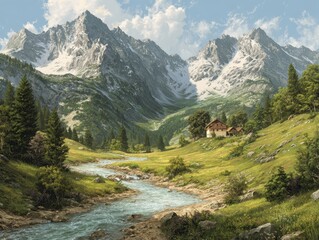Tranquil Alpine Valley: Snow-Capped Peaks Surrounding a Pristine River Through Green Meadows and a Quaint Chalet